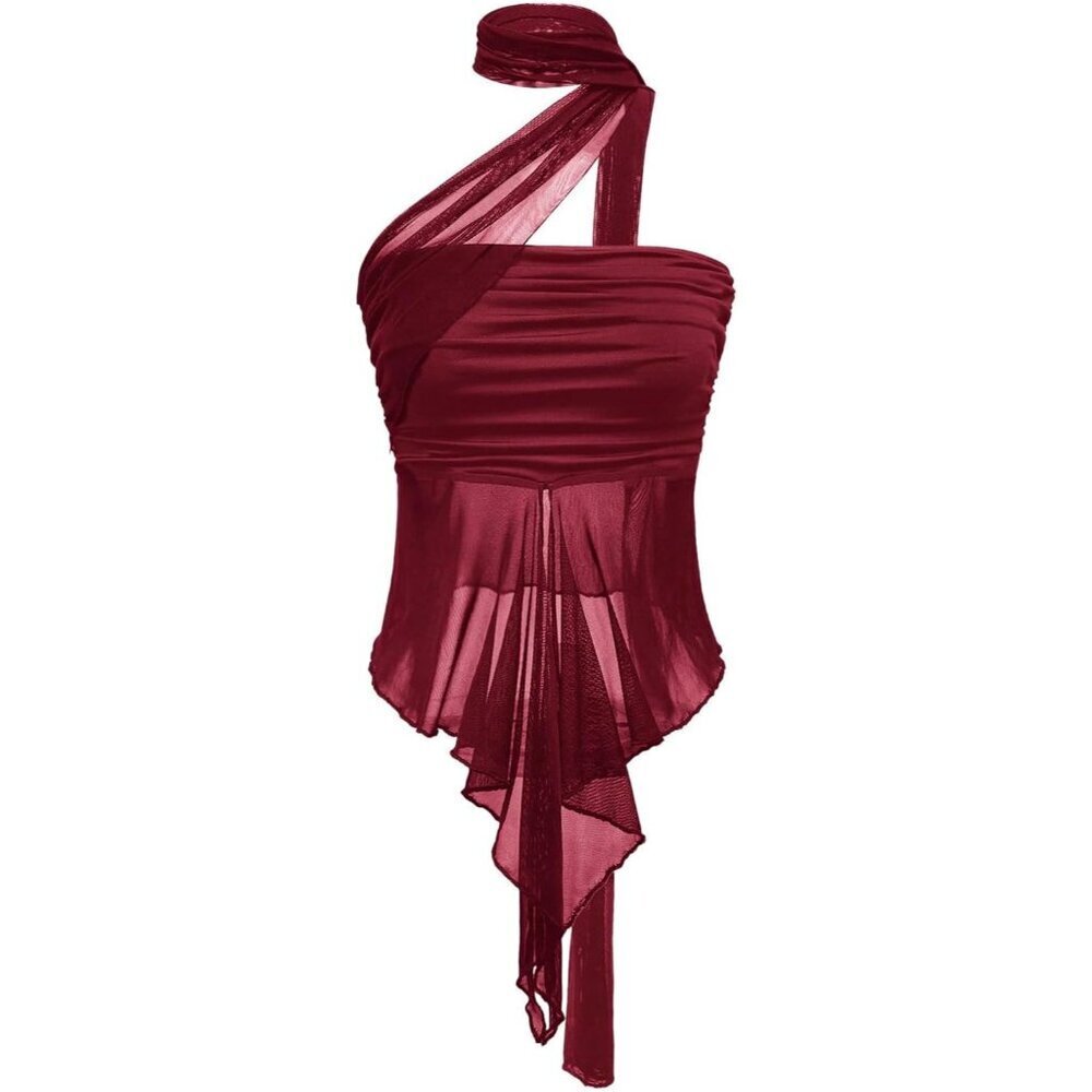Women's Sheer Ruffle Trim Halter Top Polyester Fitted Crop Y2K Party Wear